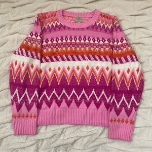 St John's Bay Fair Isle Geometric Crewneck Sweater pink/orange Sz XL